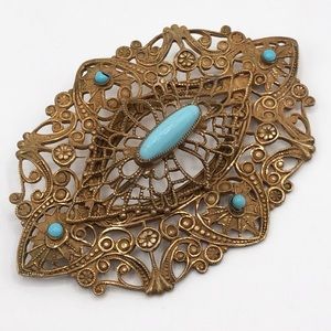 Antique Art Nouveau Blue Glass Filigree Sash Pin Brooch